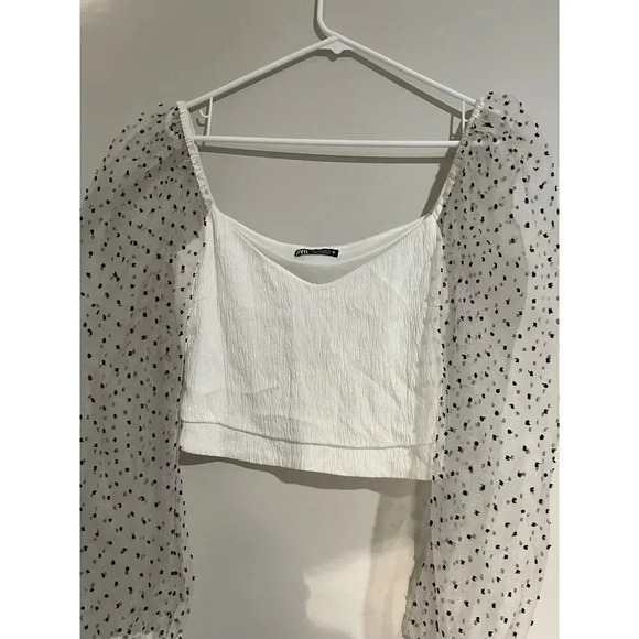 Zara White Cropped Mesh Puff Sleeve Swiss Dot Top - Picture 2 of 10